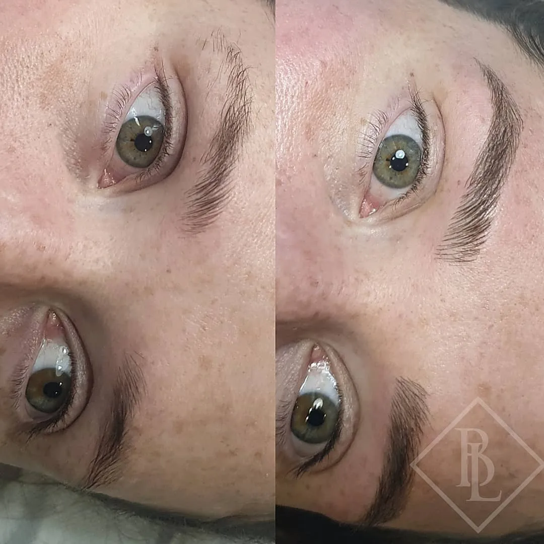 Brow sculpt and tint before and after on freckled skin