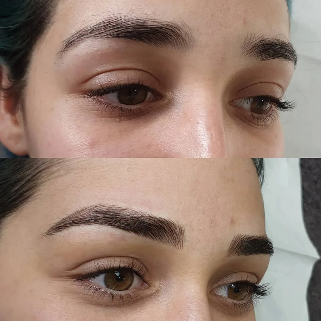 Brow lamination before and after, both brows shown upright